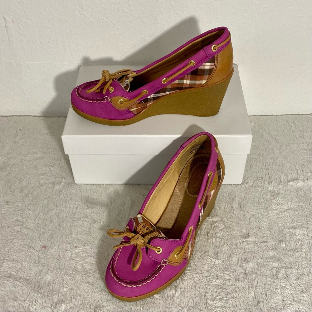Sperry Top-Sider Goldfish Pink Tan Plaid Wedges Women’s Size 7.5M